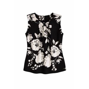 Calvin Klein Black White Floral Sleeveless Blouse Large Stretch Career